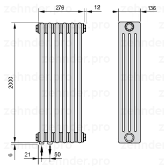 Схема (чертеж) Радиатор Zehnder Charleston 4200/6 №3370 Белый глянцевый RAL 9016
